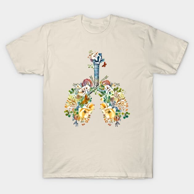 Lungs with wild flowers watercolor shades of jellow, green and sand T-Shirt by Collagedream